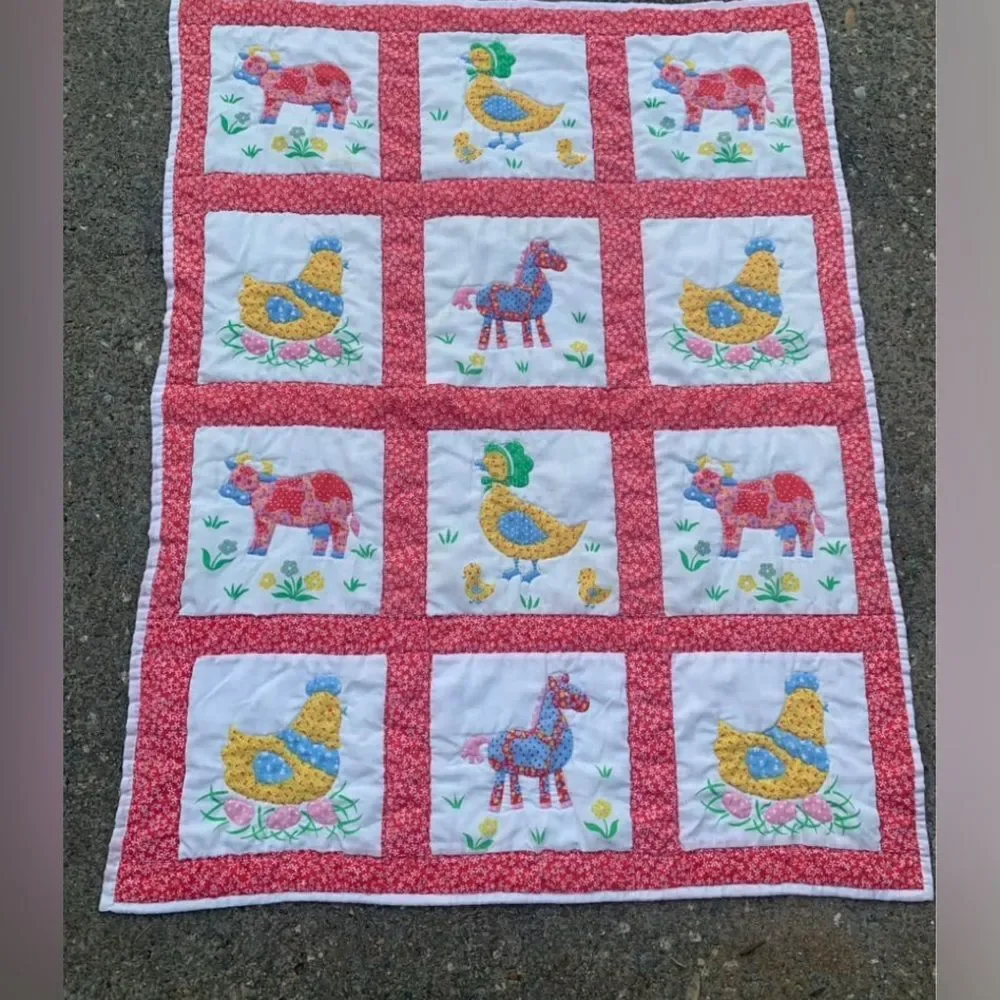 Handmade Vintage Appliqué Baby Quilt with Farm Animals - Yellow, Red, Blue